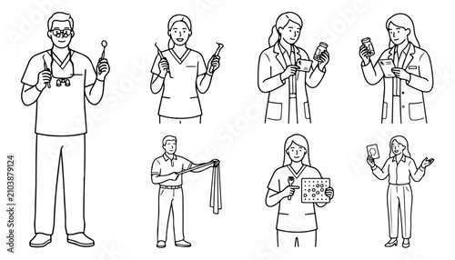 Medical professional line art set, healthcare worker characters in scrubs and lab coats, minimalist doctor and nurse vector illustrations for hospital infographics