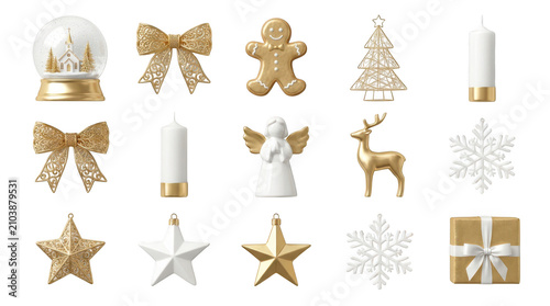Set of golden and white christmas decorations isolated on transparent background