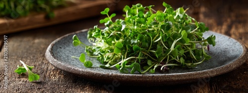 Fresh microgreens on a plate, healthy eating concept, Generative AI,