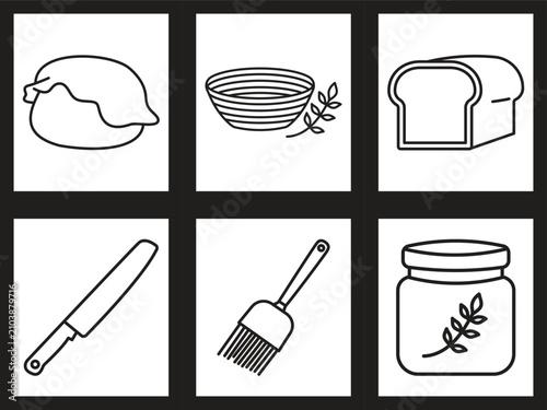 Minimal Bakery Line Icon Set with Bread Dough Bowl Rolling Pin Brush and Jar