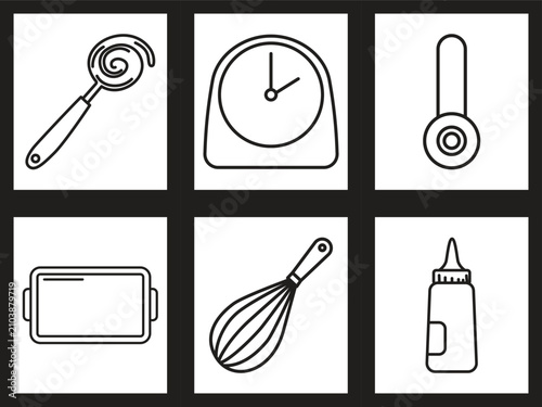 Minimal Baking Utensil Line Icon Set with Whisk Kitchen Scale Timer Tray and Sauce Bottle