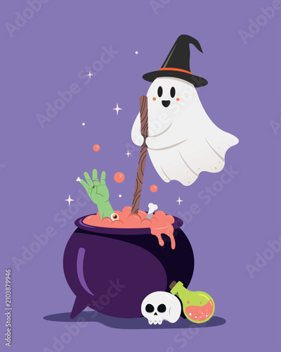 Cute halloween witch with magic pot. Happy halloween vector illustration.