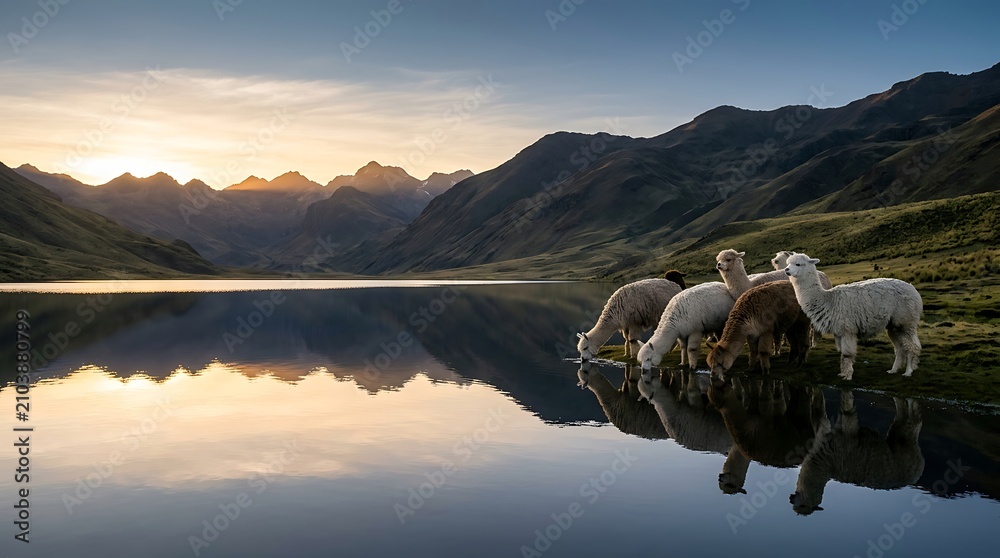 Obraz premium Herd of alpacas drinking from a calm mountain lake at sunrise
