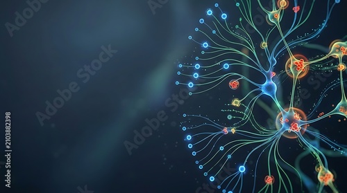 Neural network with glowing synapses on a dark blue background