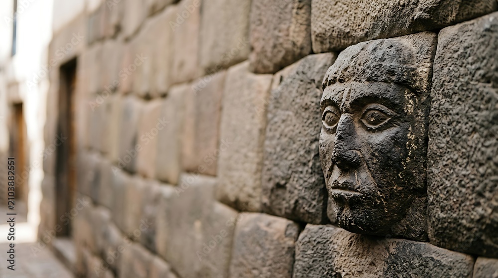 Obraz premium Ancient stone face carving on a historic masonry wall