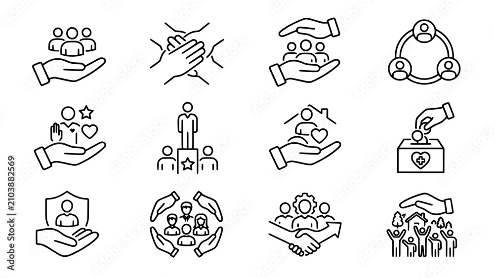 Fototapeta premium Set of black line icons about community support and human resources featuring people with hands and teamwork symbols for business presentation and website design elements