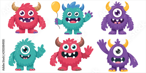 Canvastavla A lively group of six diverse, one-eyed cartoon monsters in red, teal, and purpl