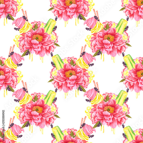 Hand drawn watercolor berry ice cream with flowers blackcurrant honey comb seamless pattern. Illustration isolated on white background. Can be used for wrapping, textile, fabric other printed products
