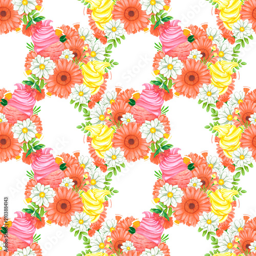 Hand drawn watercolor ice cream with calendula chamomile flowers bouquet seamless pattern. Illustration isolated on white background. Can be used for textile, fabric, wrapping other printed products