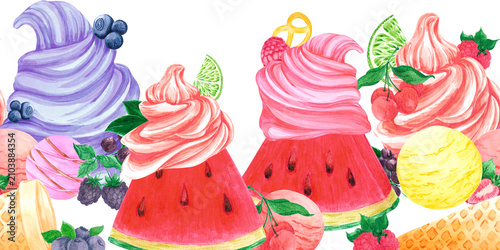 Hand drawn watercolor watermelon ice cream scoops seamless border. Illustration isolated on white background. Can be used for textile, menu design, sticker and other printed products