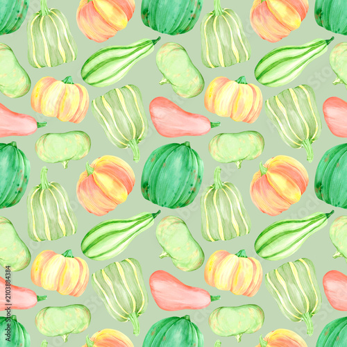 Hand drawn watercolor colorful pumpkins seamless pattern. Autumn illustration isolated on green background. Can be used for textile, fabric and autumn design