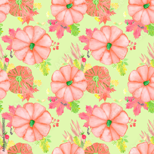 Hand drawn watercolor pumpkins leaves and berries seamless pattern. Autumn illustration isolated on green background. Can be used for textile, fabric and other printed products