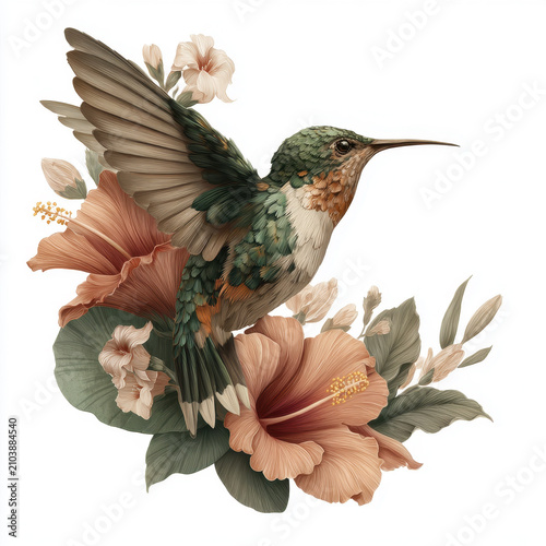 Hummingbird with tropical flowers, boho-style design element.