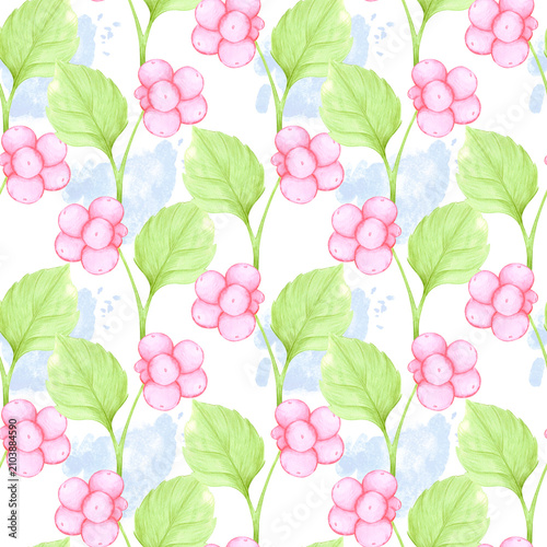 Hand drawn watercolor cranberry green leaves and blue spots seamless pattern. Illustration of berries isolated on white background. Can be used for textile, fabric and other printed products