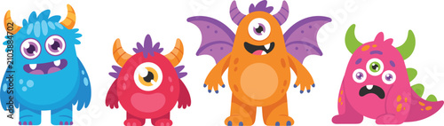 Obraz na płótnie Four diverse, colorful cartoon monsters with unique like multiple eyes, horns, a