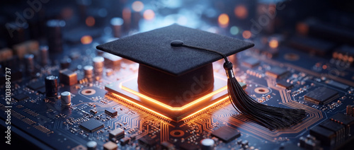 Graduation cap on glowing CPU processor sits atop a dark blue motherboard with orange circuit traces, representing digital education, online learning, and artificial intelligence in modern