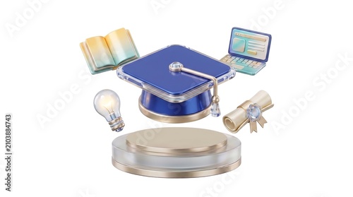 Graduation cap with books and digital tablet on desk. Academic success concept featuring education tools and technology for students.
