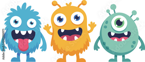 Quadro su tela Three colorful, friendly cartoon monsters with big eyes and wide mouths, one blu