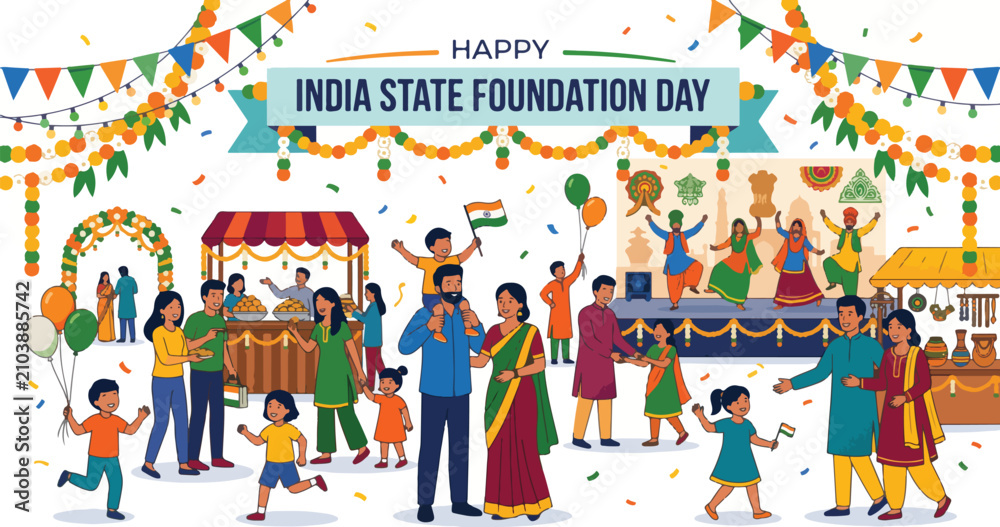 Fototapeta premium Happy India State Foundation Day celebration with diverse people enjoying an Indian festival and cultural celebration