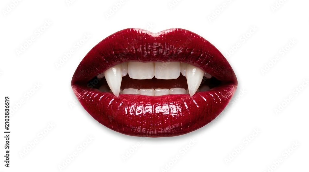 Obraz premium A pair of vivid red lips with prominent vampire teeth, set against a stark white background, evoking a sense of mystery and danger.