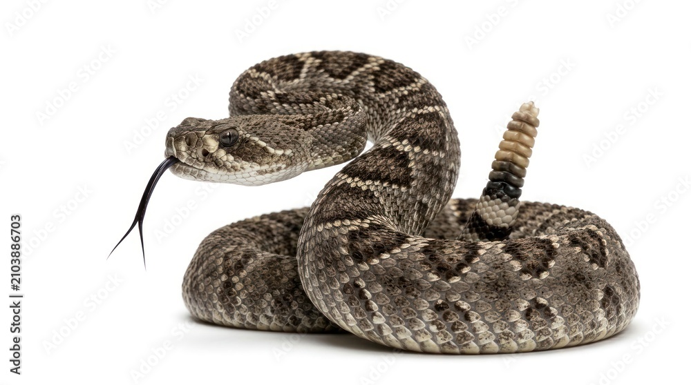 Obraz premium A coiled rattlesnake on a white background, showcasing its distinctive pattern and texture, with a focus on its venomous nature and striking appearance.