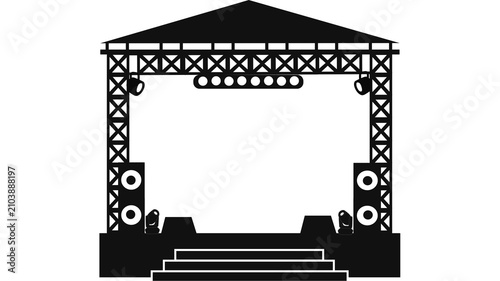 Foto Outdoor Concert Stage with Truss and Roof
A clean vector illustration of a large outdoor concert stage featuring a sturdy truss structure, pitched roof, speakers, lighting fixtures, and front stairs