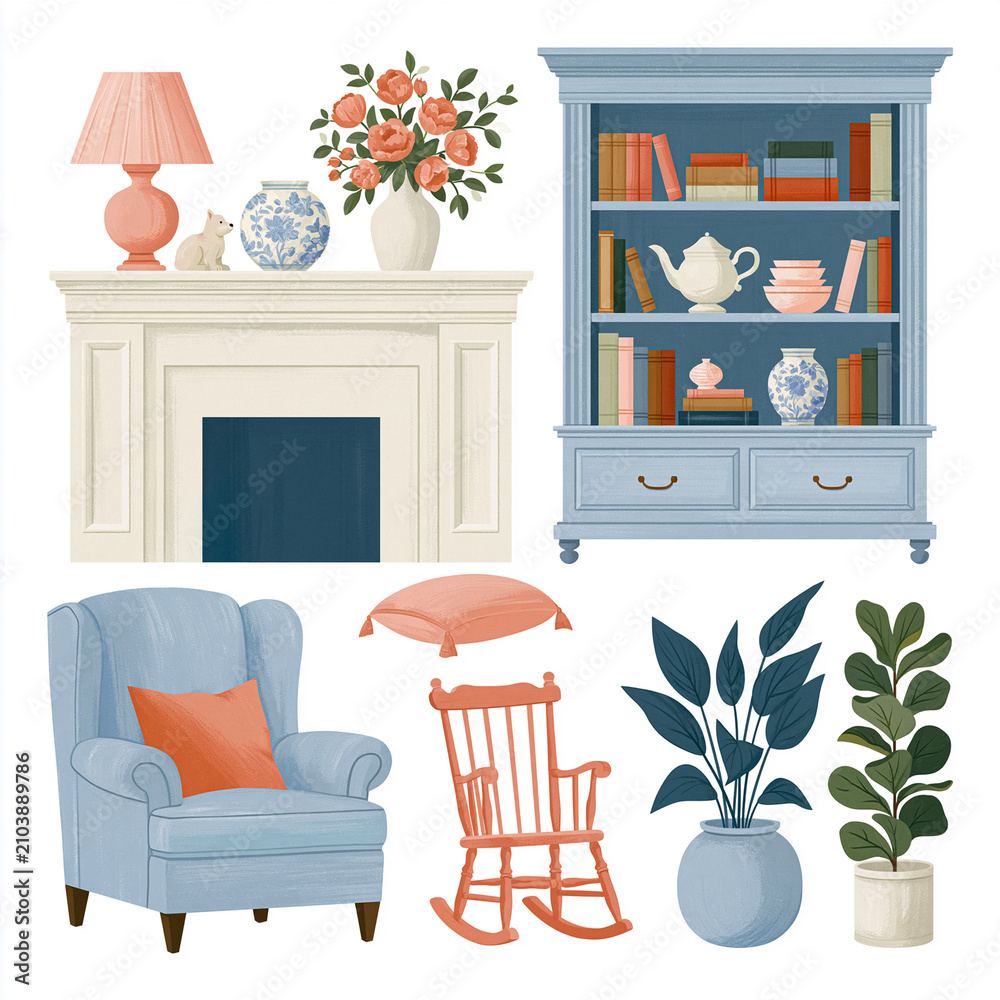Obraz premium Cozy interior decor collection featuring armchairs, bookcase, fireplace, plants, and home furnishings
