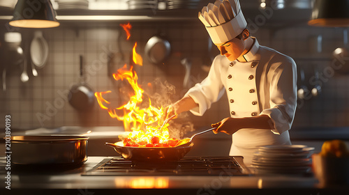 Professional Chef Preparing A Gourmet Dish With Flambé Techniques In A Commercial Restaurant Kitchen Environment