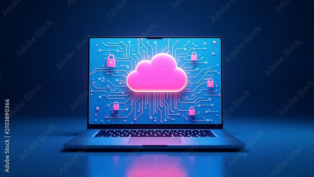 Fototapeta premium Digital cloud concept on laptop screen with circuit board and security icons