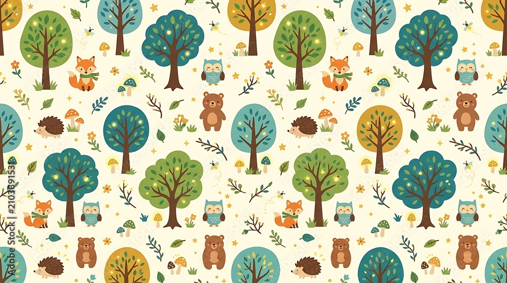 Fototapeta premium Seamless woodland pattern with cute forest animals and trees