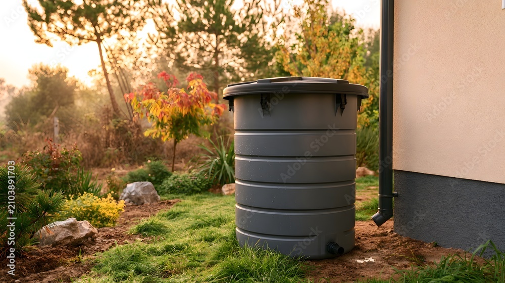 Obraz premium A gray rainwater harvesting tank stands on grass beside a house wall under soft golden sunlight filtering through trees