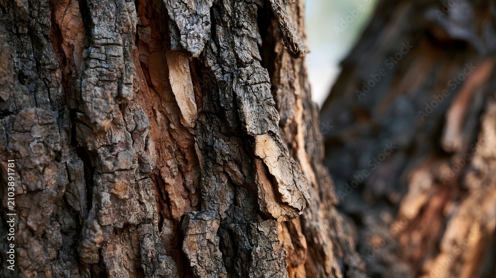 Fototapeta premium Close up of rugged tree bark showing deep grooves and layered textures under natural light