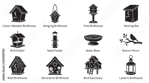 Foto Wooden birdhouse and bird feeder icon set, 12 black silhouette garden nesting bo