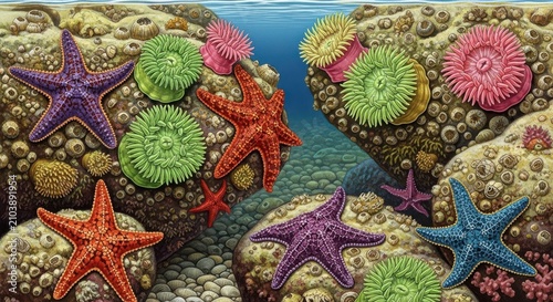 Colorful Starfish and Sea Anemones on Ocean Reef