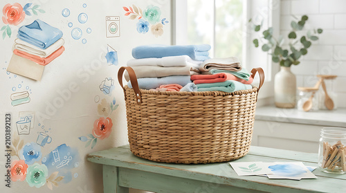 Wicker basket full of folded laundry on a table with watercolor of cleaning supplies