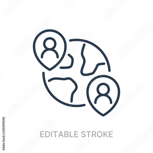 line icon globe with two location pins editable stroke global communication network