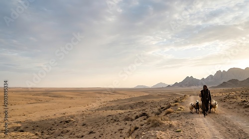 Shepherd leading a flock of sheep through a vast desert landscape