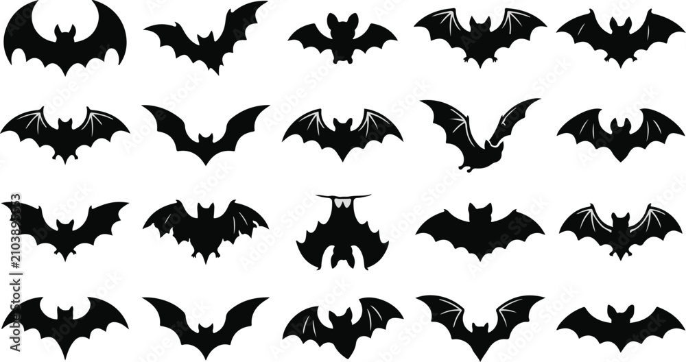 Fototapeta premium Halloween Bat Silhouette Collection with Black Flying Bat Vector Illustrations