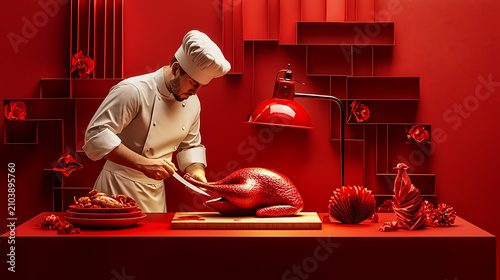 Professional Chef Carving a Roast Poultry Dish in a Vibrant Monochromatic Red Kitchen Setting