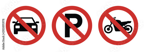 Konstfotografi traffic prohibition sign collection with no car parking and no bicycle parking s
