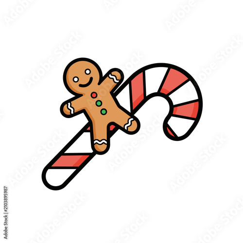 Gingerbread man holding large festive candy cane