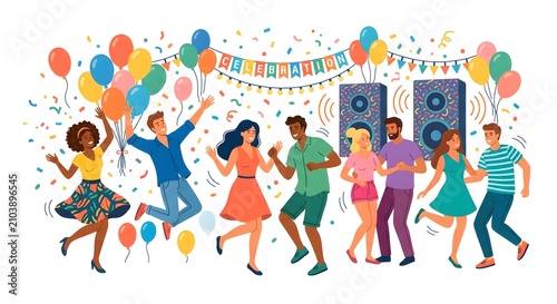 Group of diverse friends dancing at birthday party with balloons. Joyful multicultural people celebrating with confetti and music in vibrant flat i...