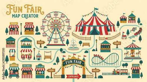 Vintage Amusement Park Attractions Poster Vector Illustration