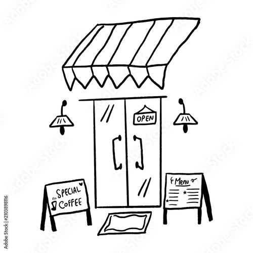 Doodle Cafe Storefront Entrance Hand Drawn Vector