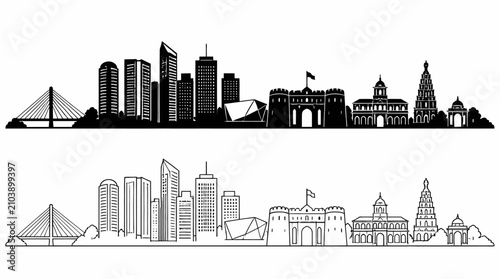 Pune City Skyline Silhouette and Line Art Illustration