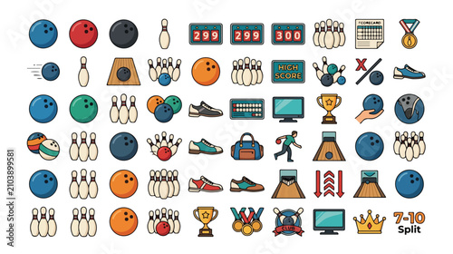 Принти на полотні Bowling game vector icon set, colorful bowling alley equipment and accessories,