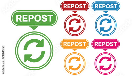 Set of colorful repost icons with circular arrows for social media marketing and web design.