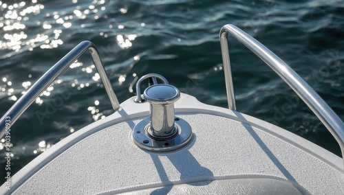 Close-up of a plastic motorboat's bow deck with a mooring cleat and railing, marine gear.