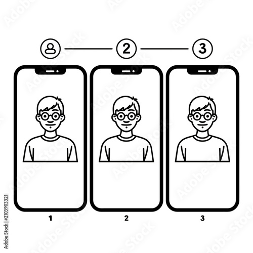 User onboarding flow illustrated across three mobile screens