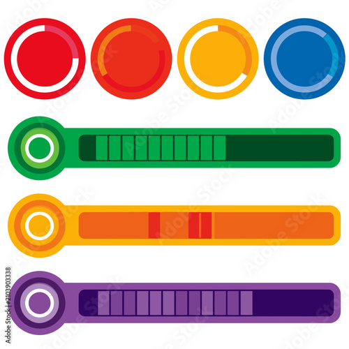 Progress bars and circular loading indicators in various colors